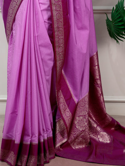 Lavender color Mysore Crepe Zari Weaving Border with Rich Pallu Saree and Unstitched Blouse