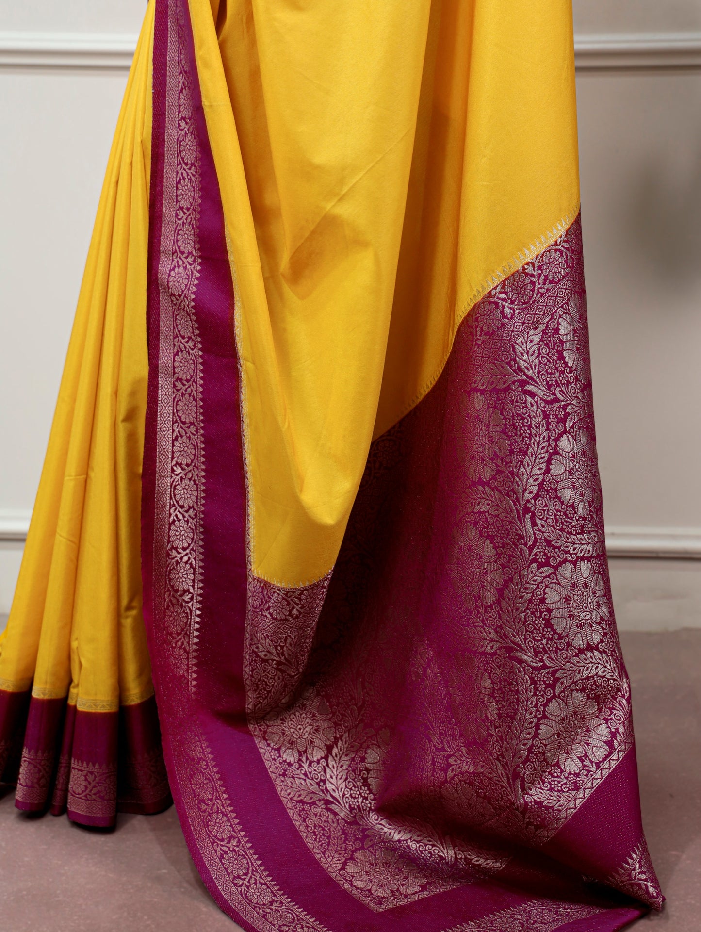 Yellow color Mysore Crepe Zari Weaving Border with Rich Pallu Saree and Unstitched Blouse