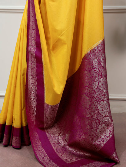 Yellow color Mysore Crepe Zari Weaving Border with Rich Pallu Saree and Unstitched Blouse