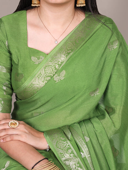 Pista Green color Crepe All Over Pick Peacock Weaving Saree with Unstitched Blouse
