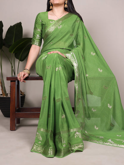 Pista Green color Crepe All Over Pick Peacock Weaving Saree with Unstitched Blouse