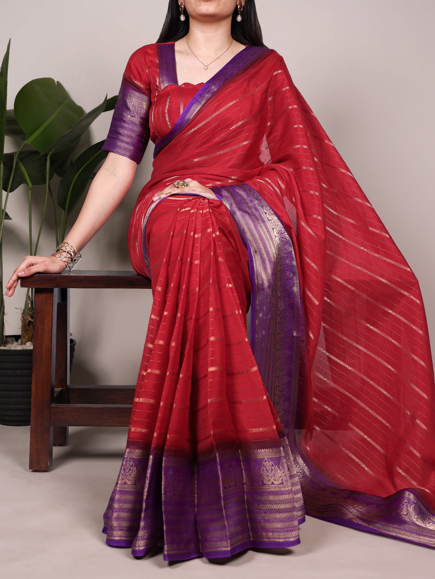 Red color Crepe Stripe Weaving Saree with Unstitched Blouse