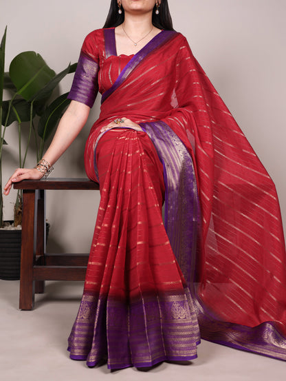 Red color Crepe Stripe Weaving Saree with Unstitched Blouse
