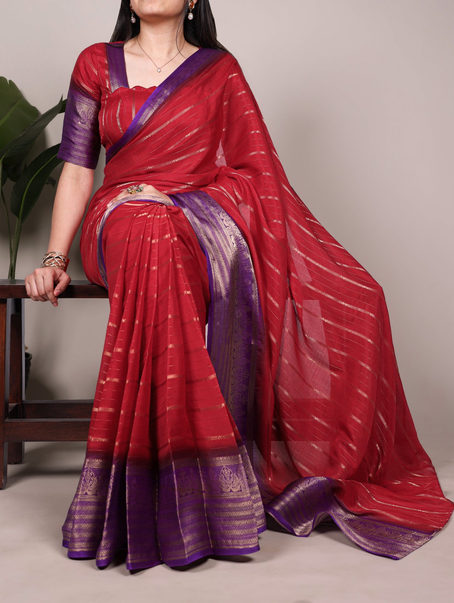 Red color Crepe Stripe Weaving Saree with Unstitched Blouse