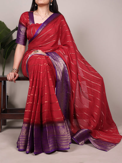 Red color Crepe Stripe Weaving Saree with Unstitched Blouse