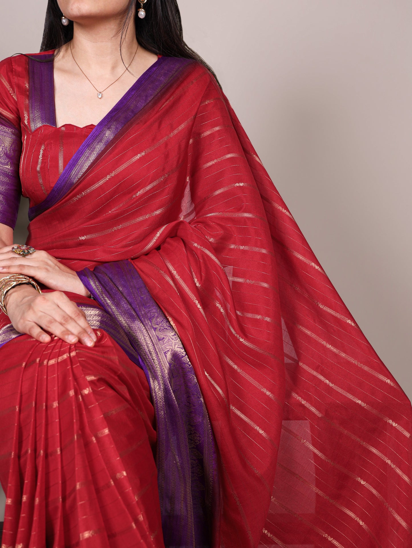Red color Crepe Stripe Weaving Saree with Unstitched Blouse