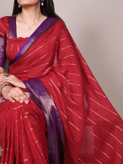 Red color Crepe Stripe Weaving Saree with Unstitched Blouse