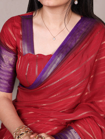 Red color Crepe Stripe Weaving Saree with Unstitched Blouse
