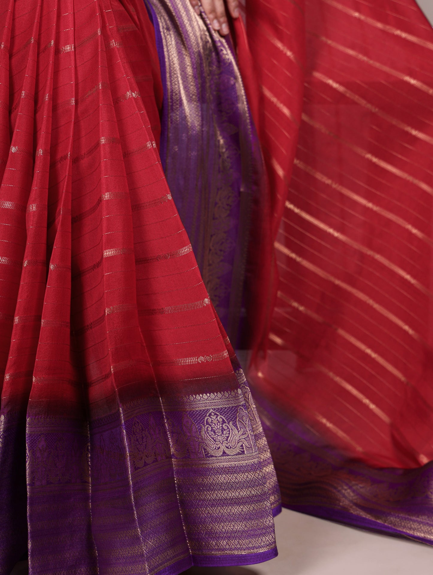Red color Crepe Stripe Weaving Saree with Unstitched Blouse
