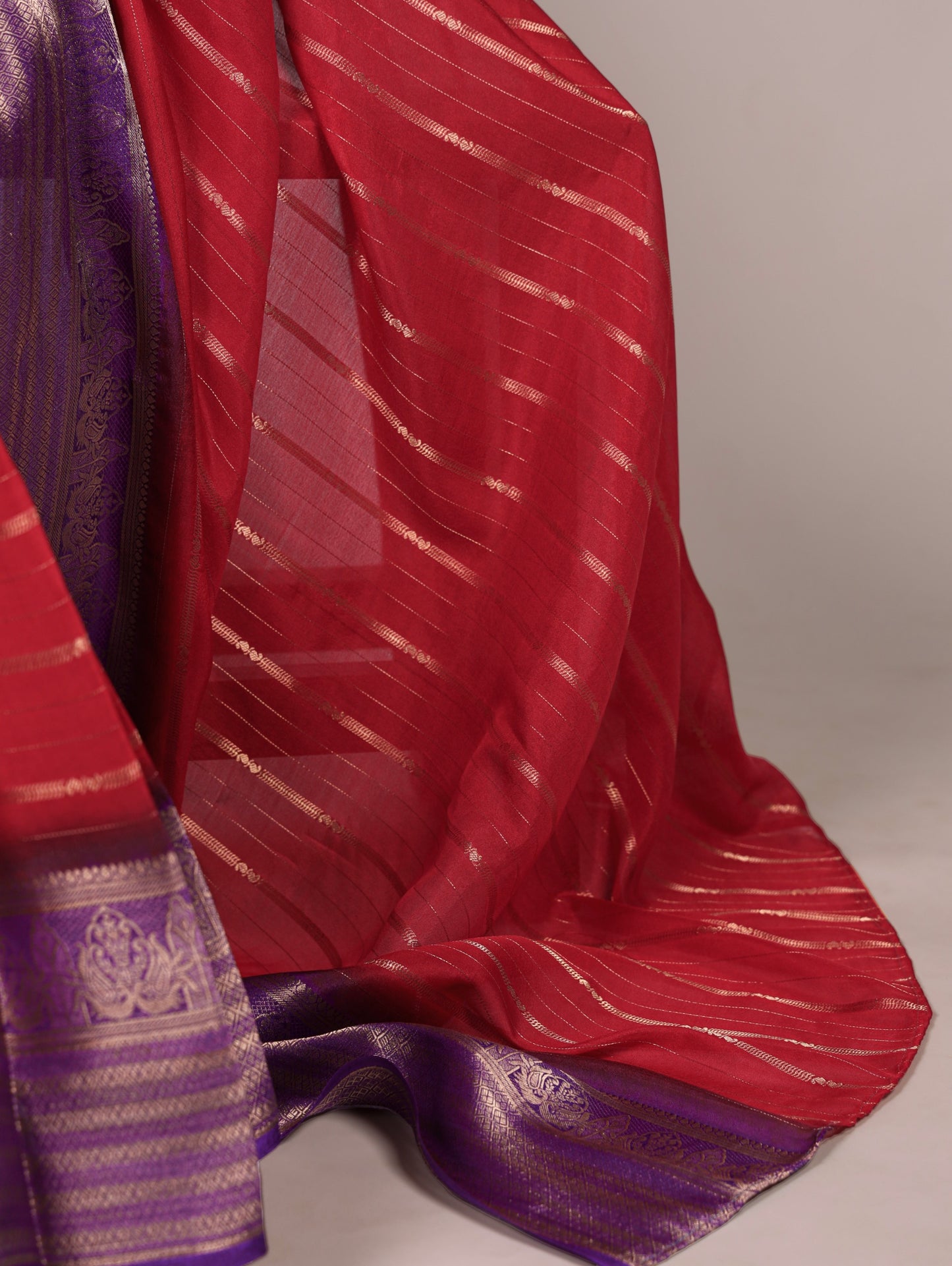 Red color Crepe Stripe Weaving Saree with Unstitched Blouse