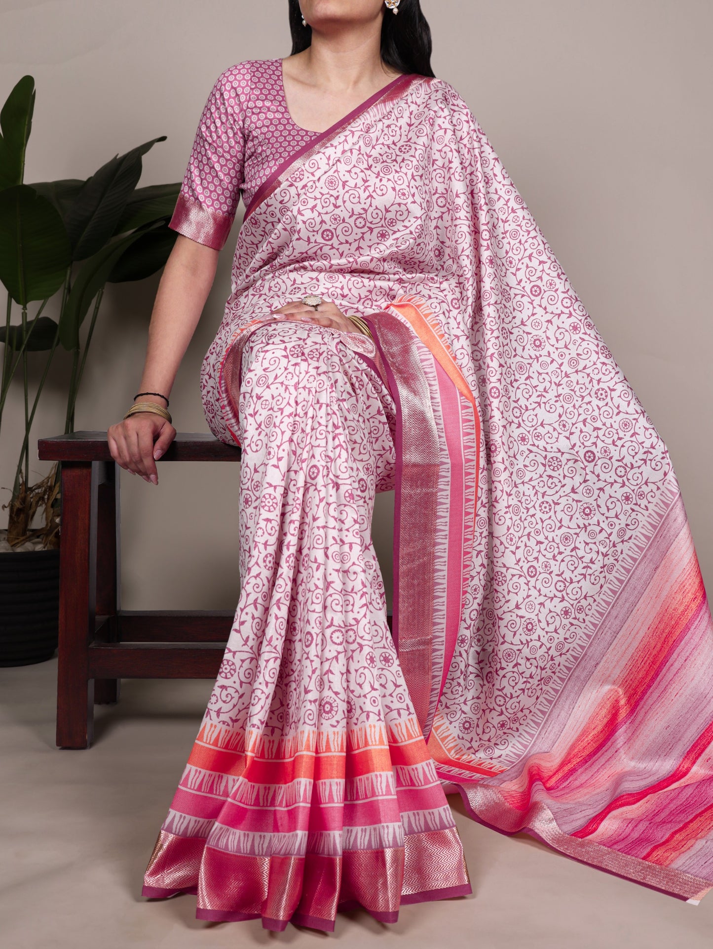 Light Pink color Tasar Silk Print Viscose Border Saree with Unstitched Blouse
