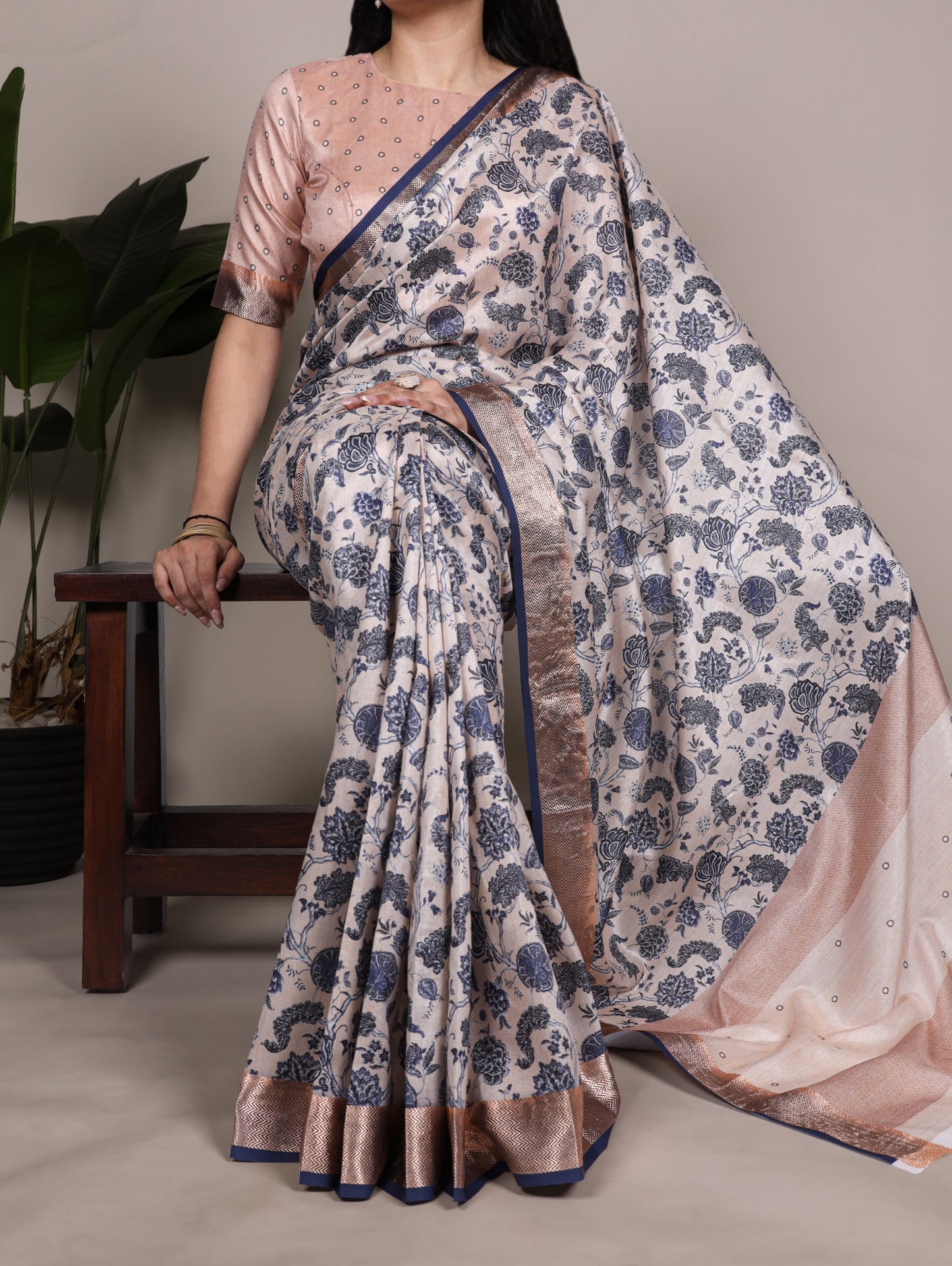 Off-white color Tasar Silk Print Viscose Border Saree with Unstitched Blouse
