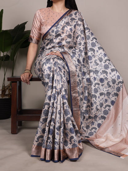 Off-white color Tasar Silk Print Viscose Border Saree with Unstitched Blouse