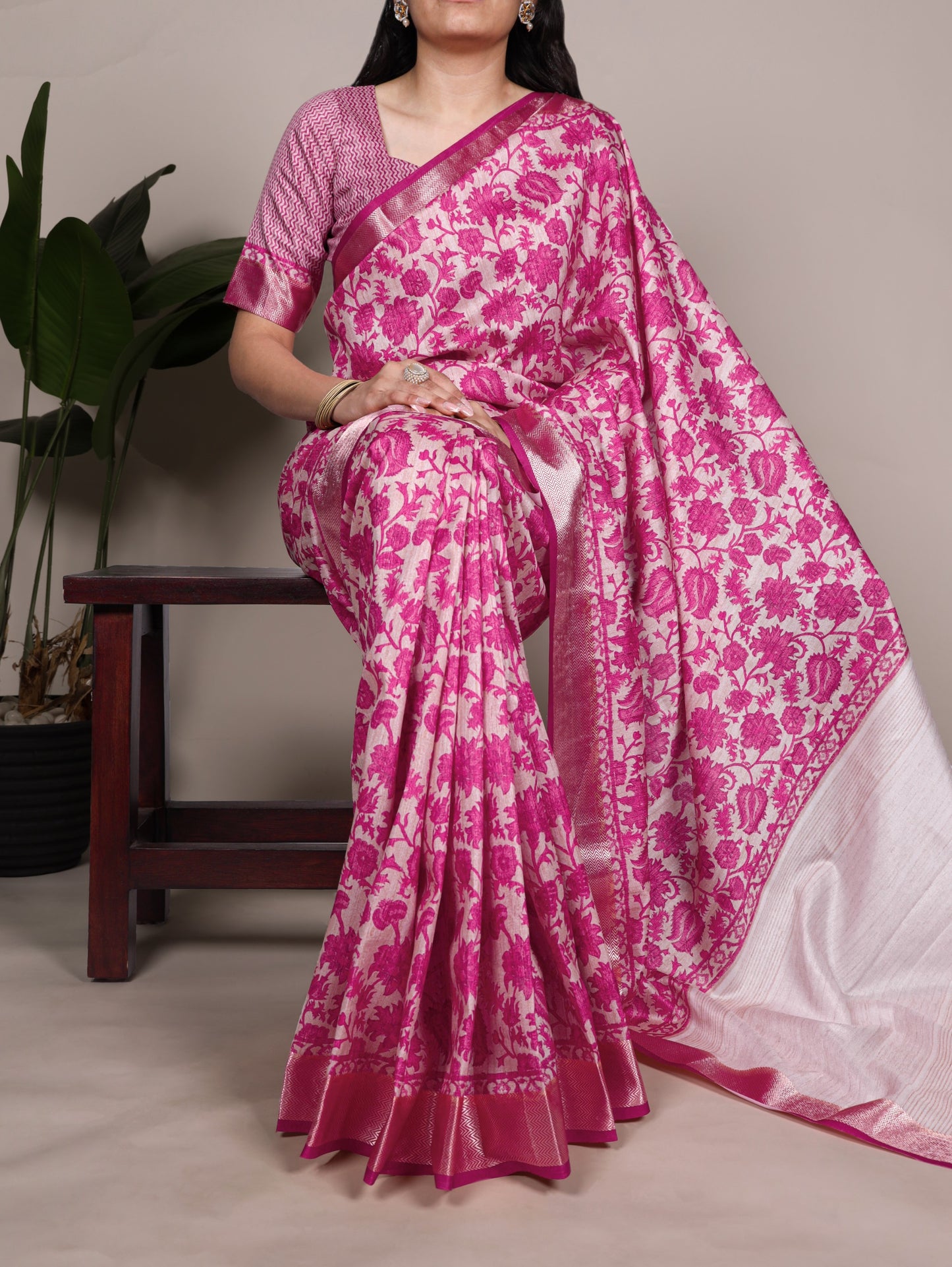Pink color Tasar Silk Print Viscose Border Saree with Unstitched Blouse
