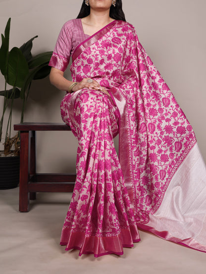 Pink color Tasar Silk Print Viscose Border Saree with Unstitched Blouse
