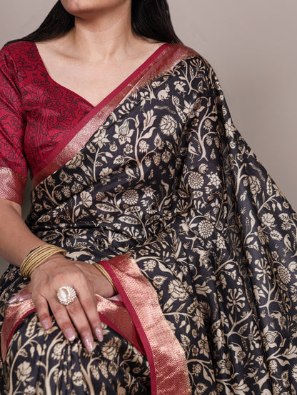 Black color Tasar Silk Print Viscose Border Saree with Unstitched Blouse