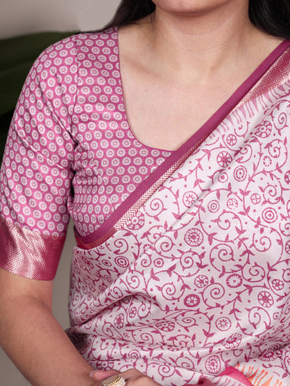 Light Pink color Tasar Silk Print Viscose Border Saree with Unstitched Blouse