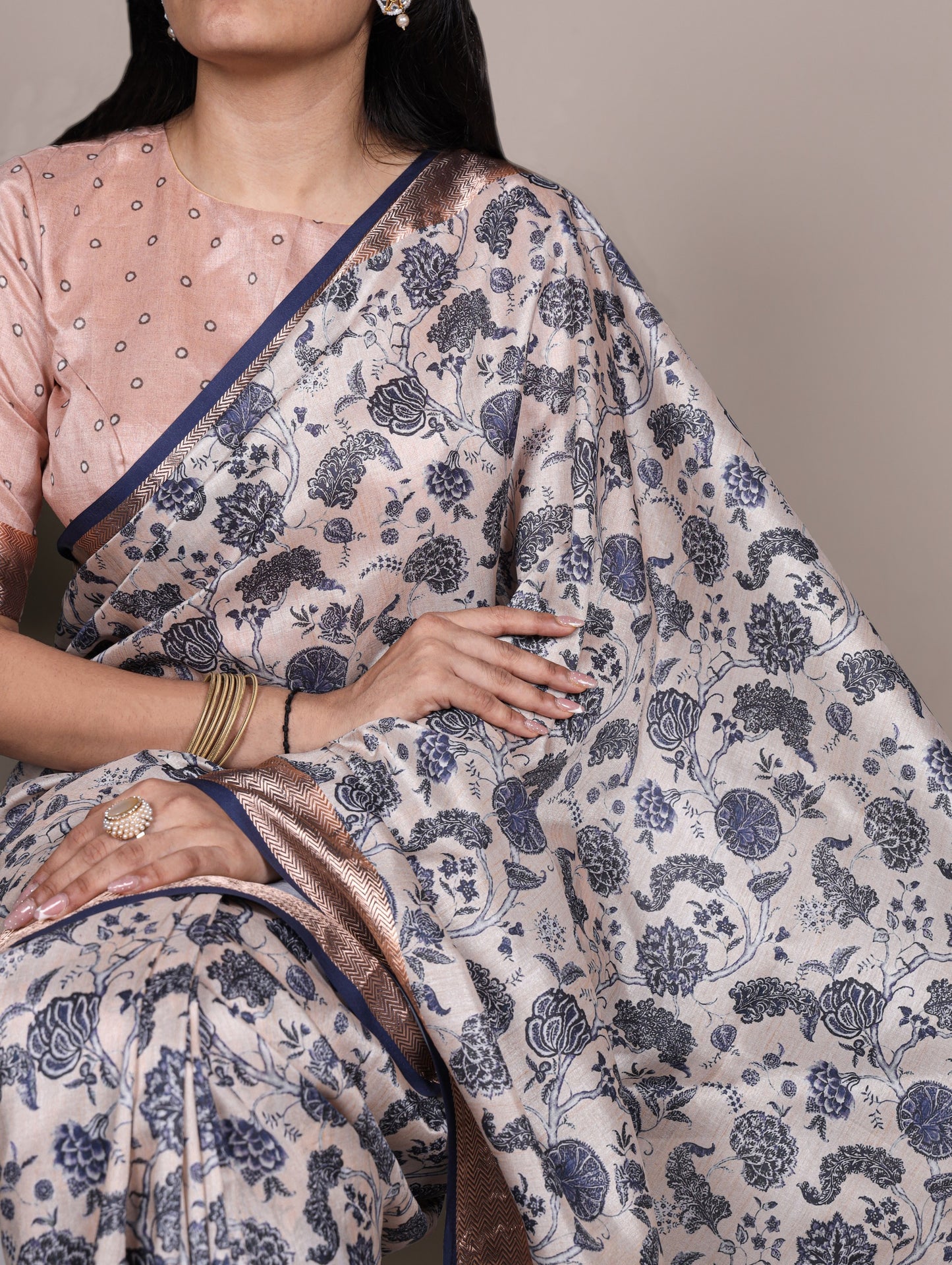Off-white color Tasar Silk Print Viscose Border Saree with Unstitched Blouse
