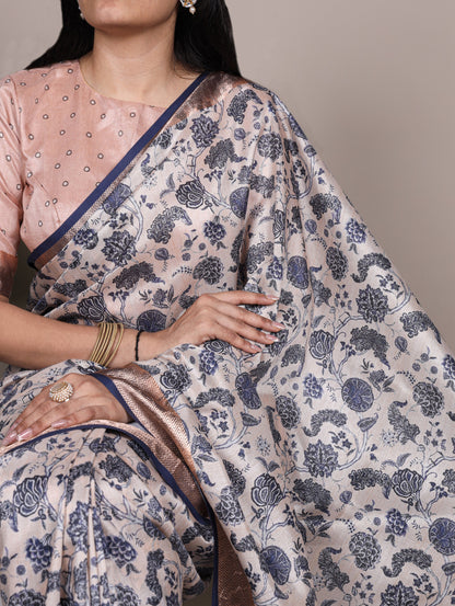 Off-white color Tasar Silk Print Viscose Border Saree with Unstitched Blouse