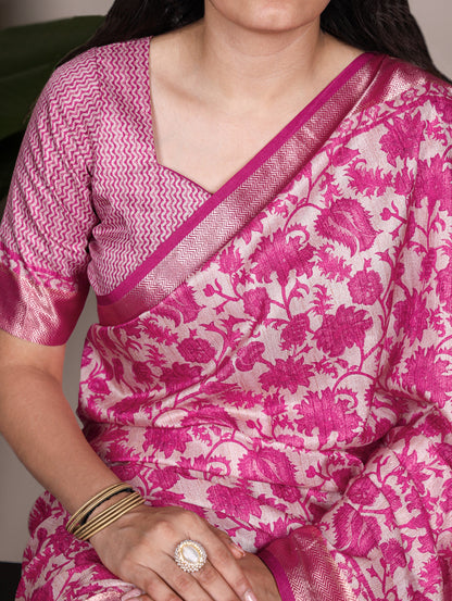 Pink color Tasar Silk Print Viscose Border Saree with Unstitched Blouse