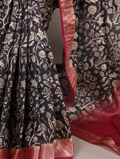 Black color Tasar Silk Print Viscose Border Saree with Unstitched Blouse