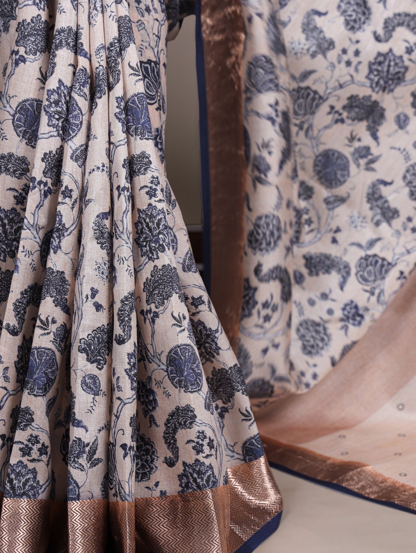 Off-white color Tasar Silk Print Viscose Border Saree with Unstitched Blouse