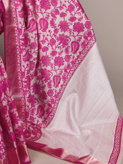 Pink color Tasar Silk Print Viscose Border Saree with Unstitched Blouse