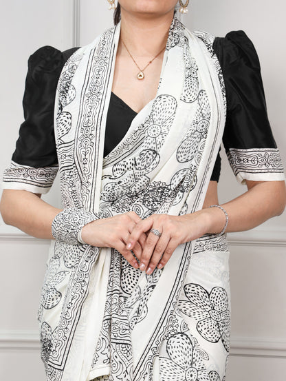 Black color Satin Silk Floral Print Saree with Unstitched Blouse