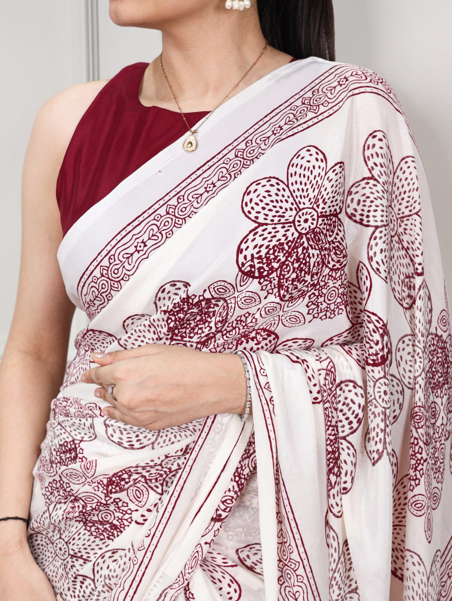 Maroon color Satin Silk Floral Print Saree with Unstitched Blouse