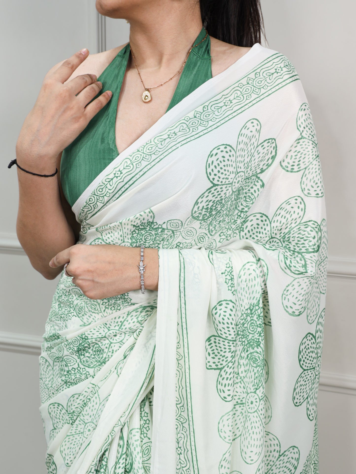 Pista Green color Satin Silk Floral Print Saree with Unstitched Blouse