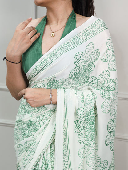 Pista Green color Satin Silk Floral Print Saree with Unstitched Blouse