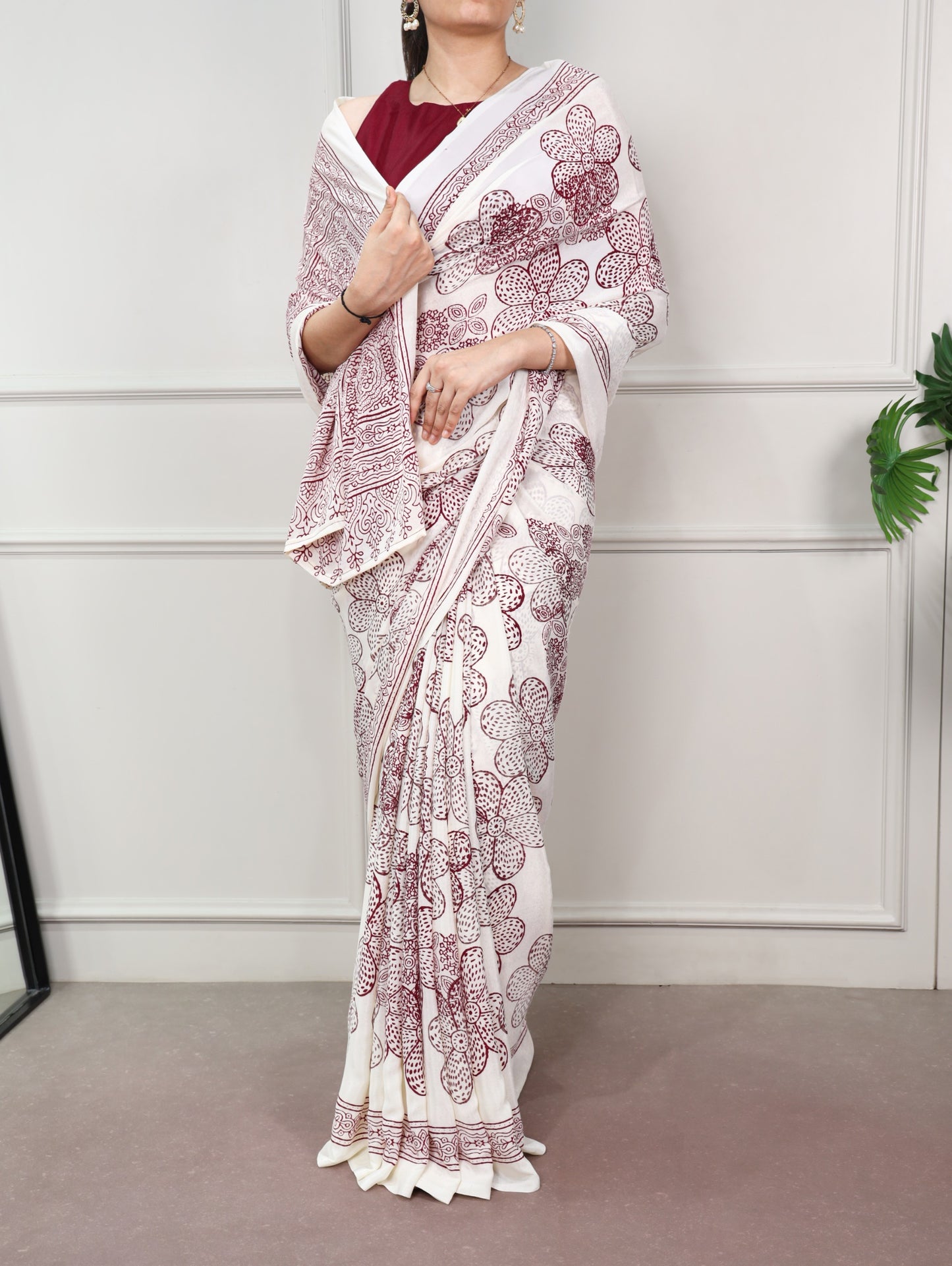 Maroon color Satin Silk Floral Print Saree with Unstitched Blouse