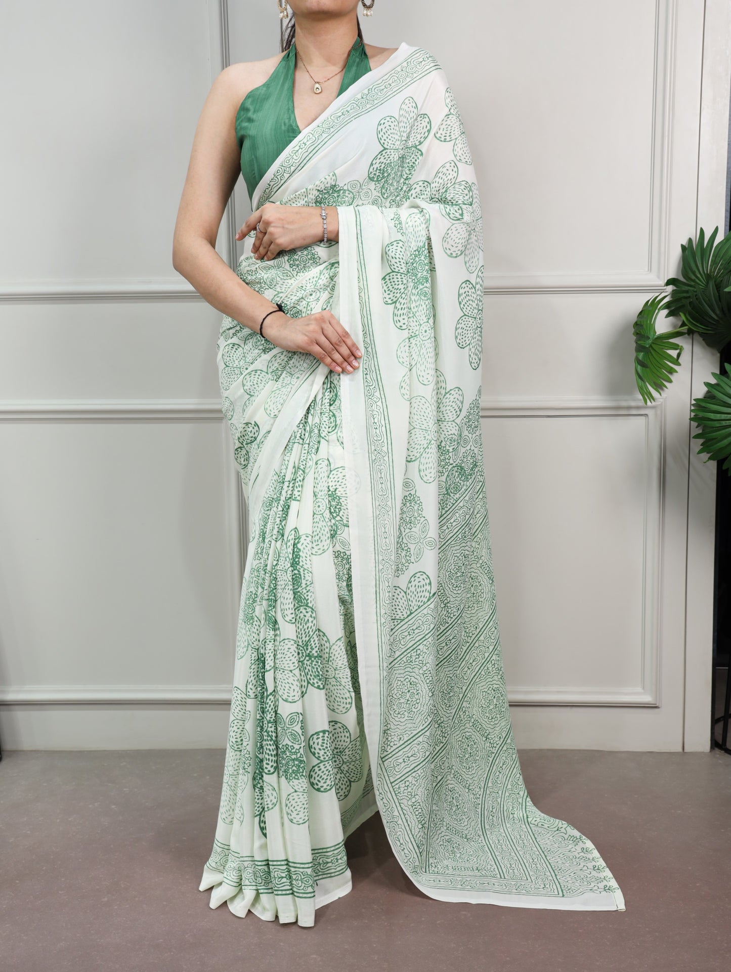 Pista Green color Satin Silk Floral Print Saree with Unstitched Blouse