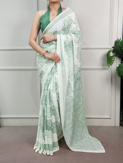 Pista Green color Satin Silk Floral Print Saree with Unstitched Blouse