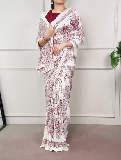 Maroon color Satin Silk Floral Print Saree with Unstitched Blouse