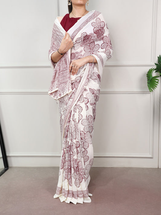 Maroon color Satin Silk Floral Print Saree with Unstitched Blouse