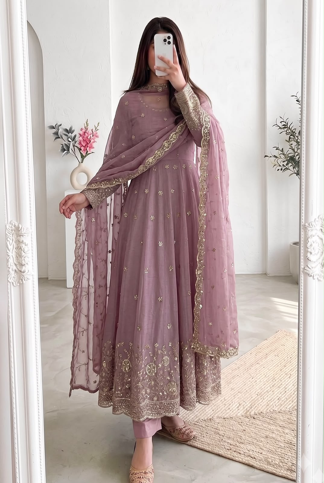 Onion Pink Heavy Crunchy Silk Embroidery Sequins Work Designer Anarkali Gown Pant with Dupatta