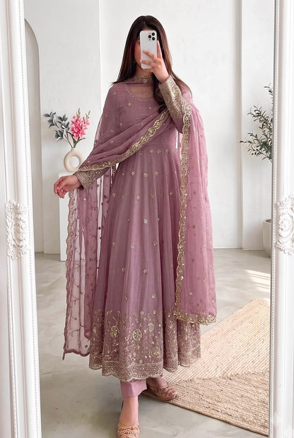 Onion Pink Heavy Crunchy Silk Embroidery Sequins Work Designer Anarkali Gown Pant with Dupatta