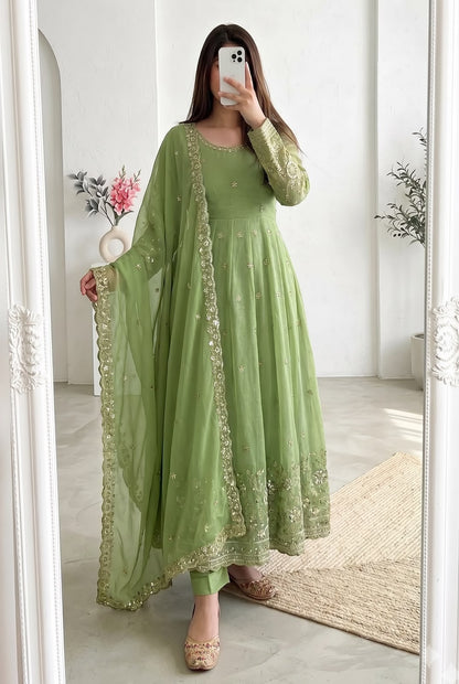 Pista Green Heavy Crunchy Silk Embroidery Sequins Work Designer Anarkali Gown Pant with Dupatta