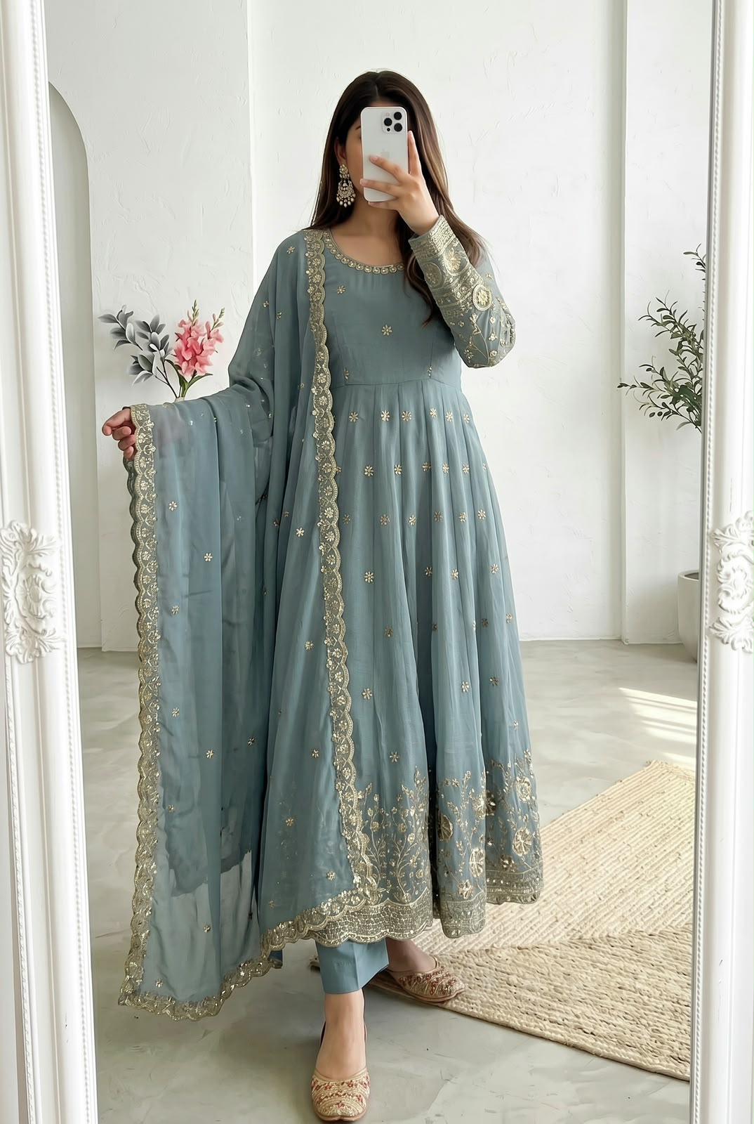 Sea Green Heavy Crunchy Silk Embroidery Sequins Work Designer Anarkali Gown Pant with Dupatta