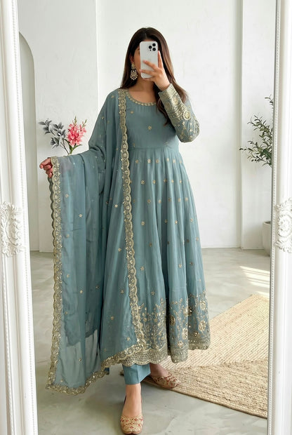 Sea Green Heavy Crunchy Silk Embroidery Sequins Work Designer Anarkali Gown Pant with Dupatta