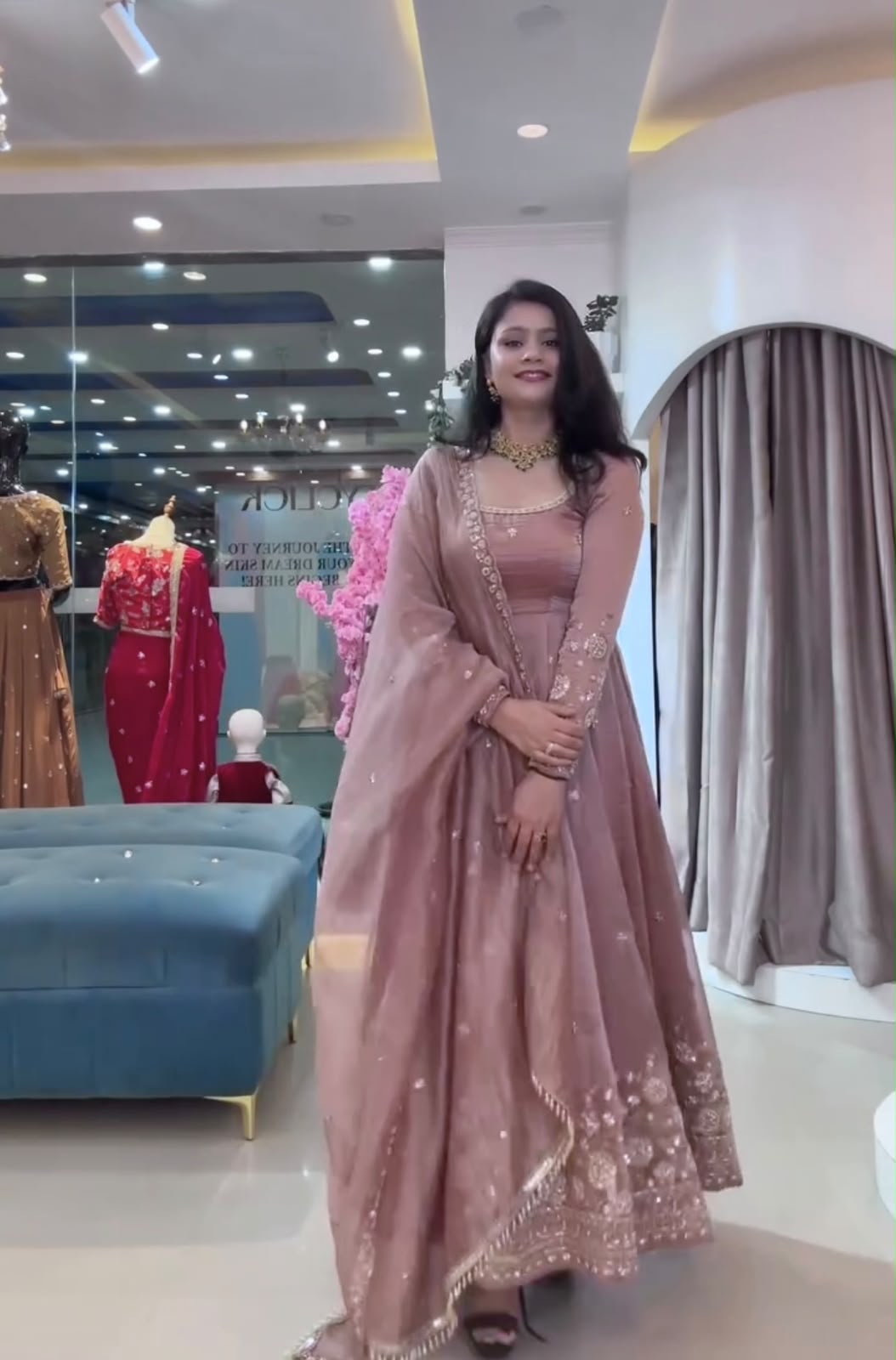 Onion Pink Heavy Crunchy Silk Embroidery Sequins Work Designer Anarkali Gown Pant with Dupatta