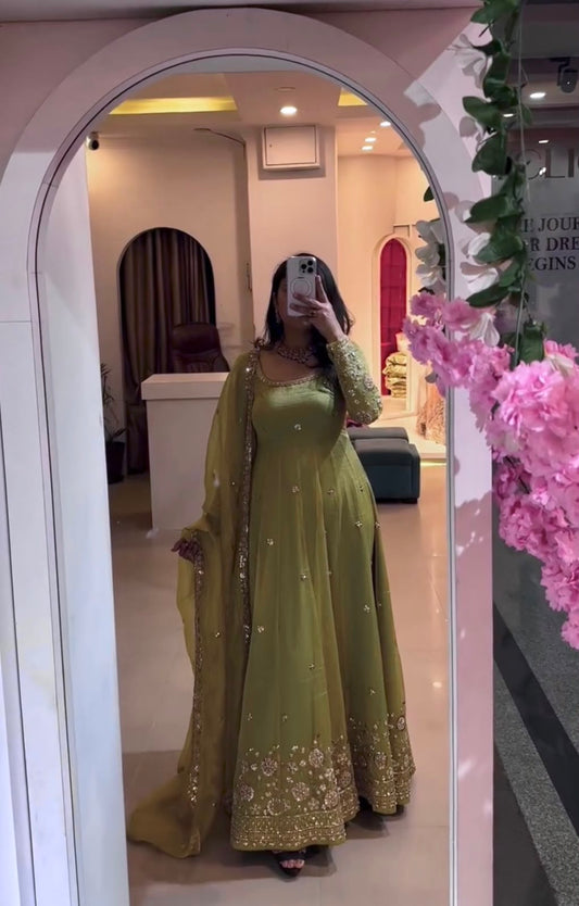 Pista Green Heavy Crunchy Silk Embroidery Sequins Work Designer Anarkali Gown Pant with Dupatta