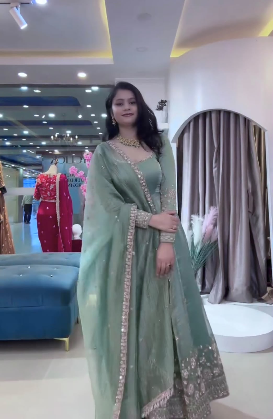 Sea Green Heavy Crunchy Silk Embroidery Sequins Work Designer Anarkali Gown Pant with Dupatta