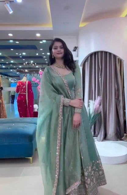 Sea Green Heavy Crunchy Silk Embroidery Sequins Work Designer Anarkali Gown Pant with Dupatta