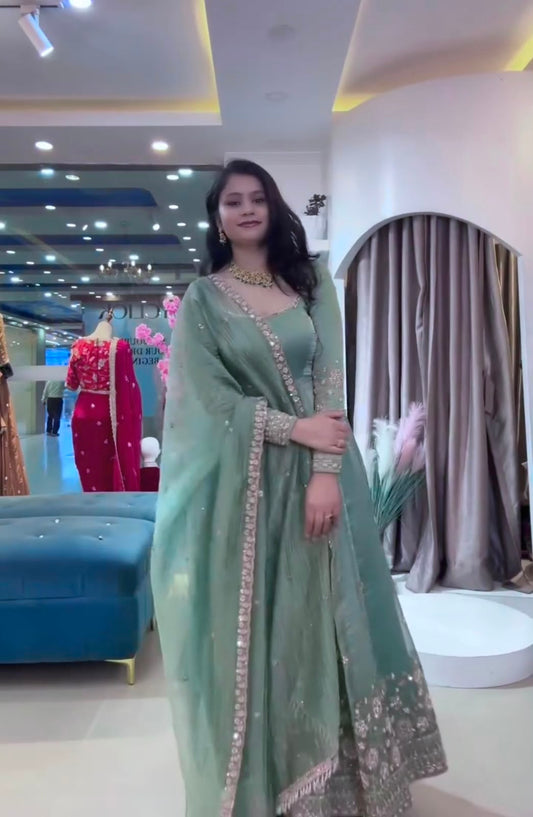 Sea Green Heavy Crunchy Silk Embroidery Sequins Work Designer Anarkali Gown Pant with Dupatta