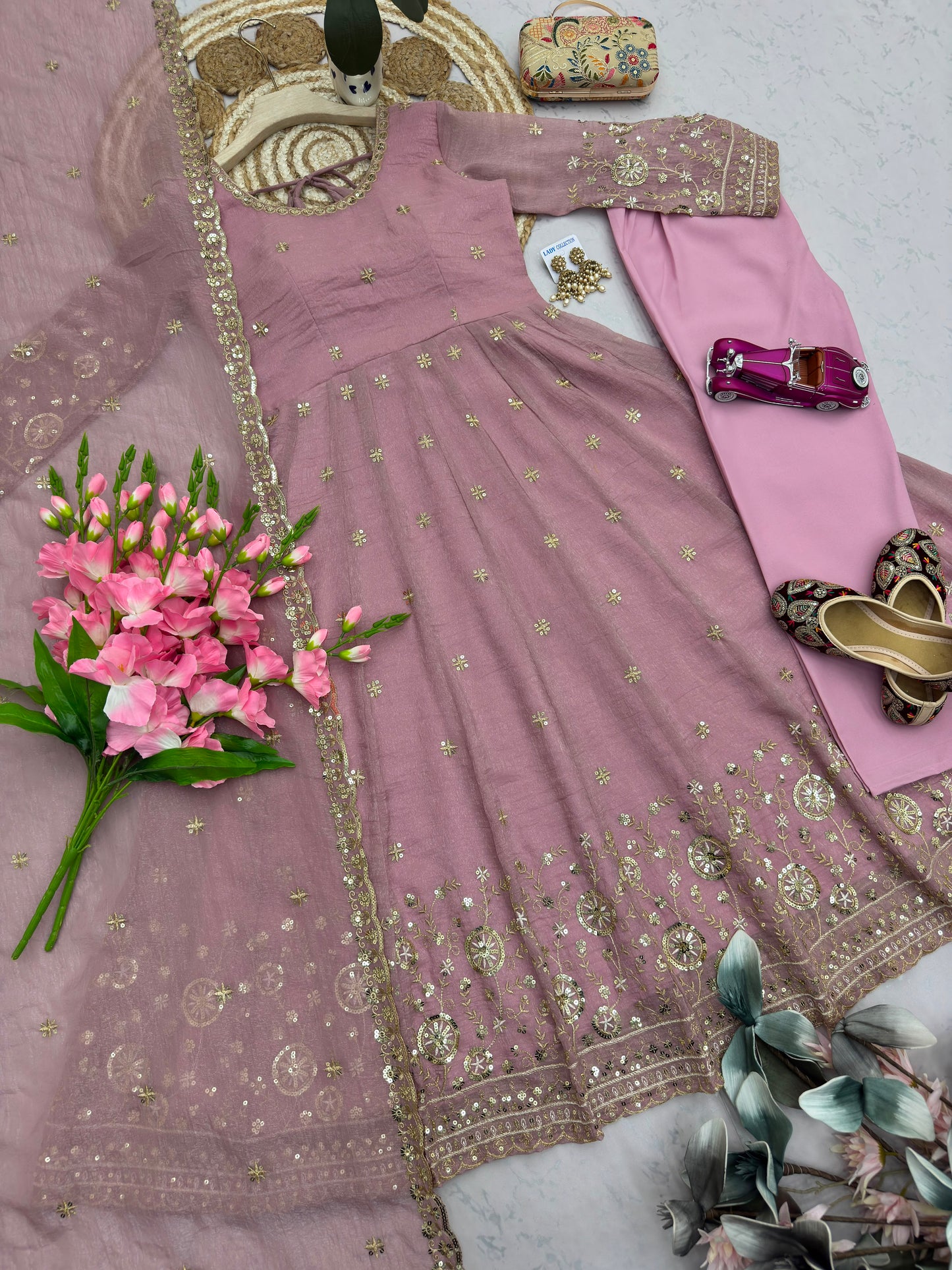 Onion Pink Heavy Crunchy Silk Embroidery Sequins Work Designer Anarkali Gown Pant with Dupatta