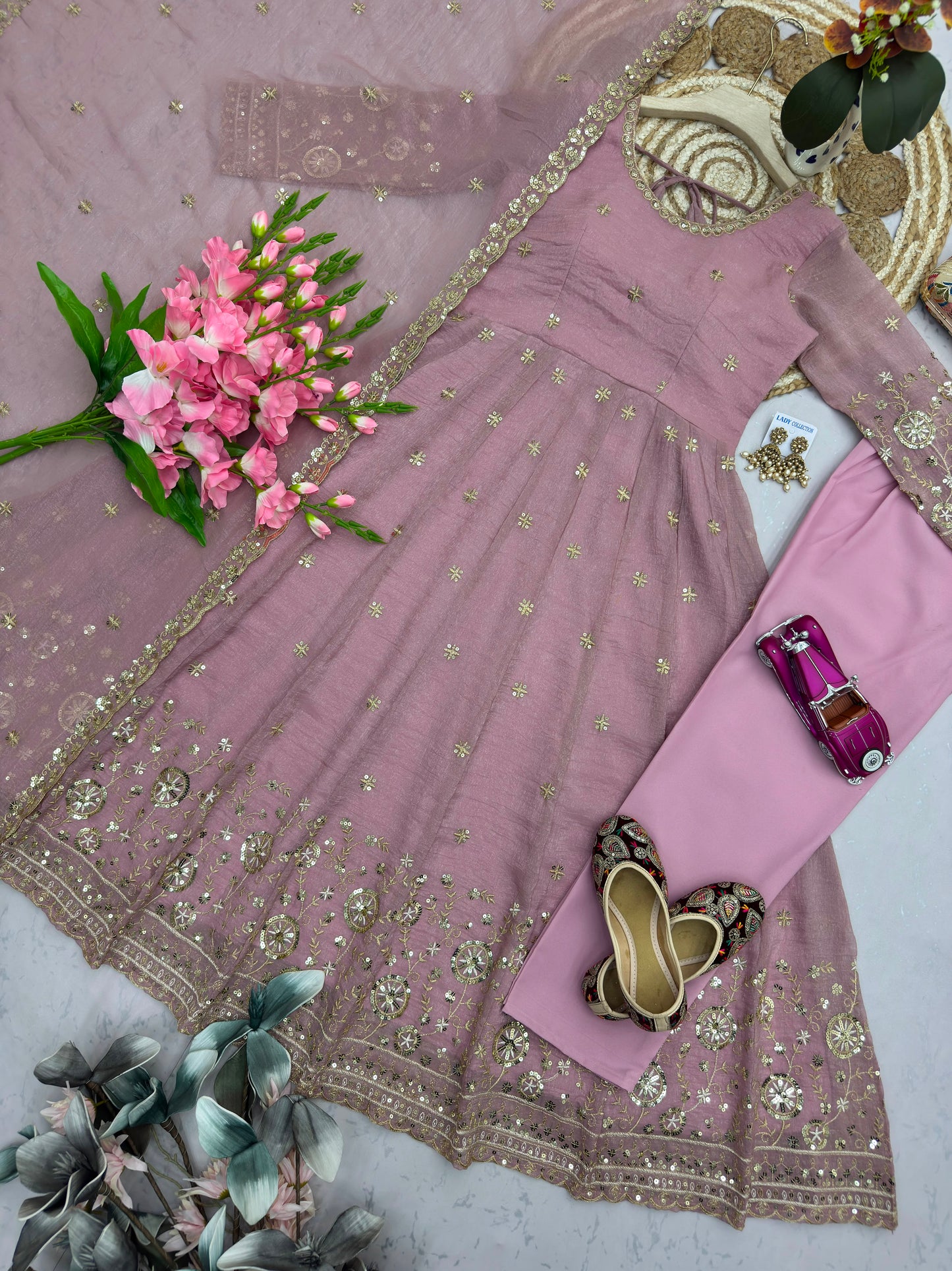 Onion Pink Heavy Crunchy Silk Embroidery Sequins Work Designer Anarkali Gown Pant with Dupatta