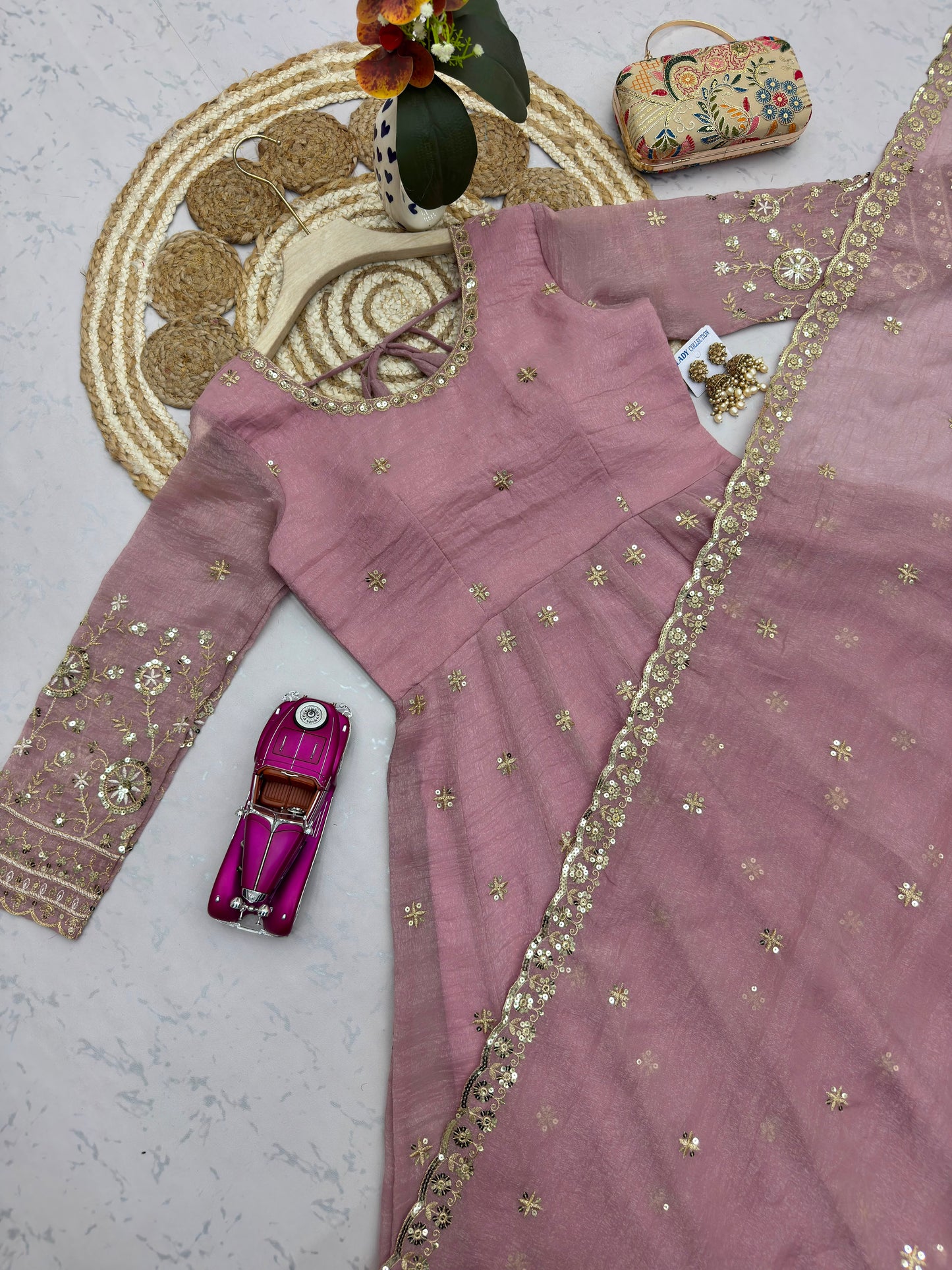 Onion Pink Heavy Crunchy Silk Embroidery Sequins Work Designer Anarkali Gown Pant with Dupatta