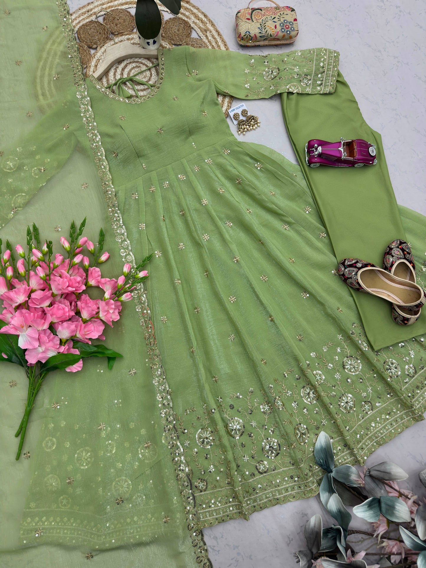 Pista Green Heavy Crunchy Silk Embroidery Sequins Work Designer Anarkali Gown Pant with Dupatta
